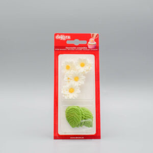 Afbeelding Witte Madeliefjes en Groene Bladeren Suikerdecoraties